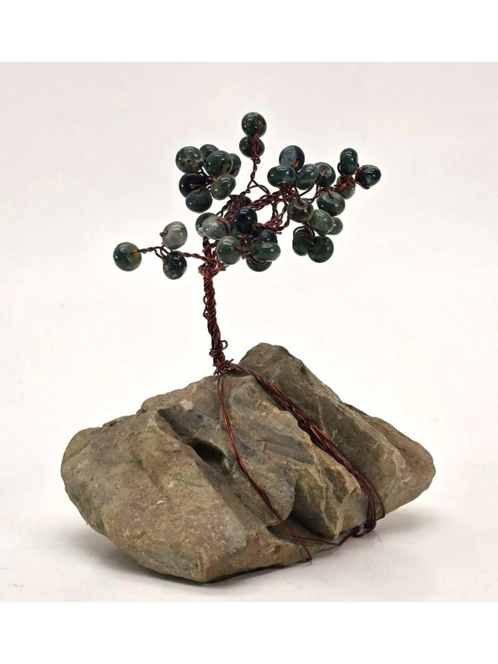 Handcrafted Wire Bonsai Tree Sculpture With Agate Beads On Natural Stone JE303